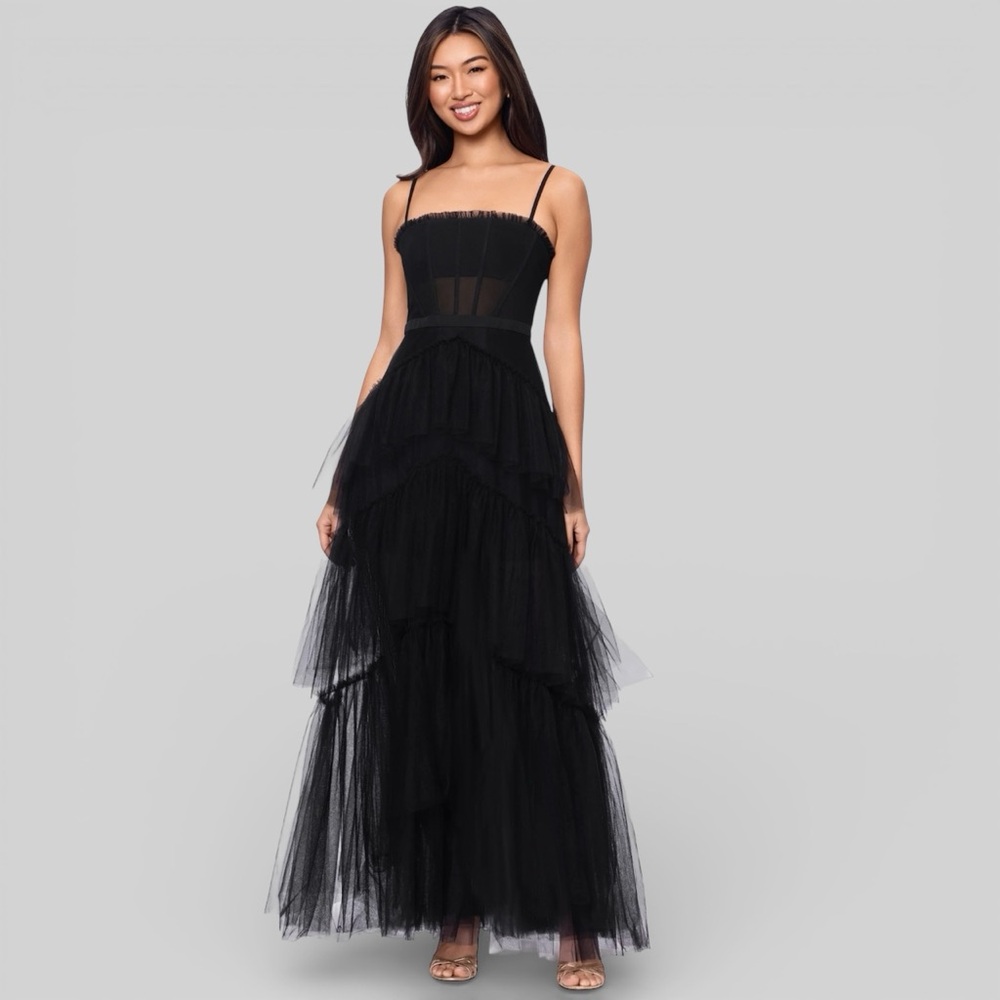 NWT Betsy & Adam Jasmine Spaghetti Strap Mesh‎ Corset Gown Maxi Dress Formal